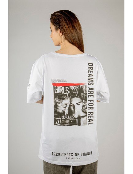 Woxxo Dreams are for real Baskılı Unisex Oversize T-Shirt -Beyaz Lycralı Modal/Pamuk