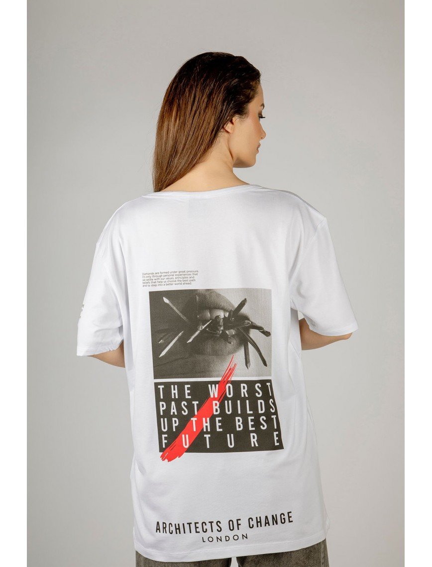 Woxxo The future Baskılı Unisex Oversize T-Shirt -Beyaz Lycralı Modal/Pamuk Woxxo The future Baskılı Unisex Oversize T-Shirt -Beyaz Lycralı Modal/Pamuk