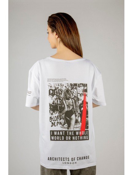 Woxxo I want the whole world on nothing Baskılı Unisex Oversize T-Shirt -Beyaz Lycralı Modal/Pamuk