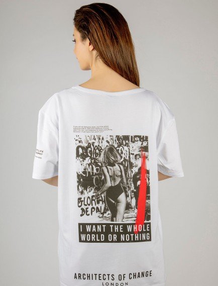 Woxxo I want the whole world on nothing Baskılı Unisex Oversize T-Shirt -Beyaz Lycralı Modal/Pamuk
