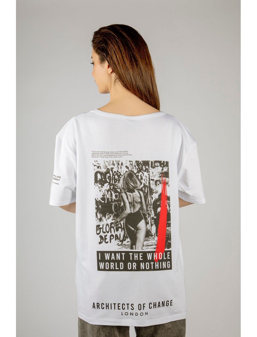 Woxxo I want the whole world on nothing Baskılı Unisex Oversize T-Shirt -Beyaz Lycralı Modal/Pamuk Woxxo I want the whole world on nothing Baskılı Unisex Oversize T-Shirt -Beyaz Lycralı Modal/Pamuk