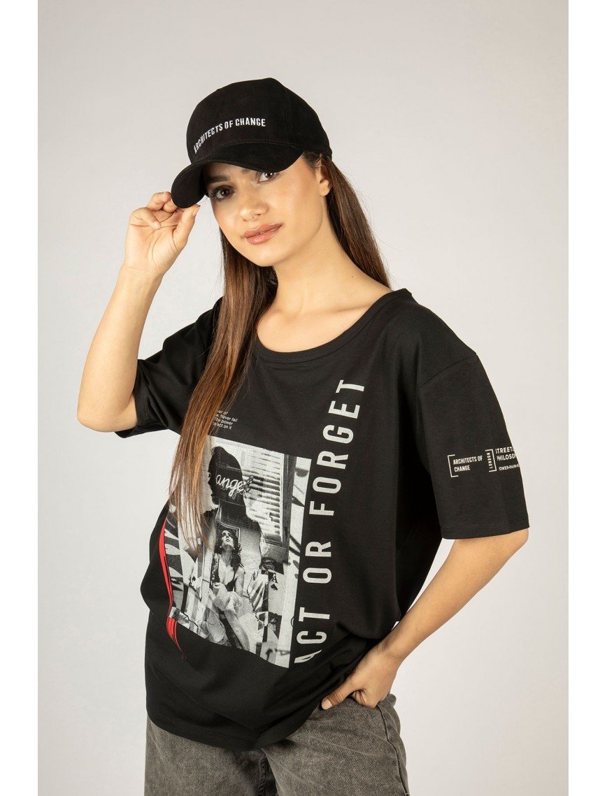 Woxxo Act or Forget Baskılı Unisex Oversize T-Shirt -Siyah Lycralı Modal/Pamuk Woxxo Act or Forget Baskılı Unisex Oversize T-Shirt -Siyah Lycralı Modal/Pamuk