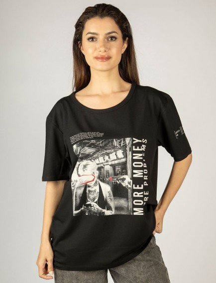 Woxxo More money more problems Baskılı Unisex Oversize T-Shirt -Siyah Lycralı Modal/Pamuk