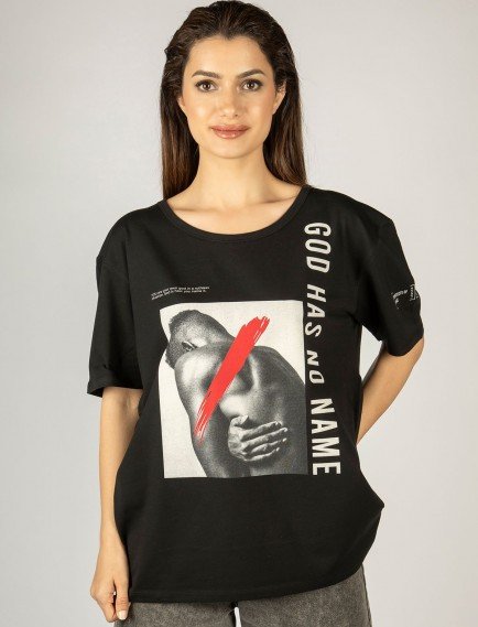 Woxxo God has no name Baskılı Unisex Oversize T-Shirt -Siyah Lycralı Modal/Pamuk