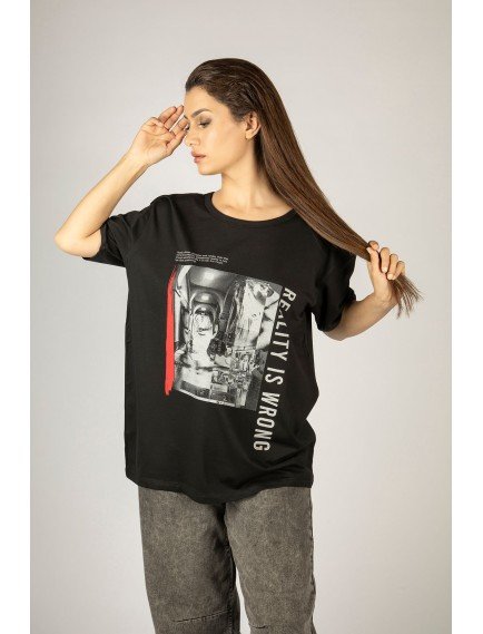 Woxxo Reality is Wrong Baskılı Unisex Oversize T-Shirt -Siyah Lycralı Modal/Pamuk