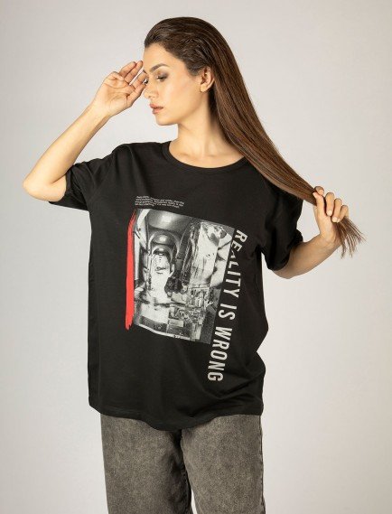 Woxxo Reality is Wrong Baskılı Unisex Oversize T-Shirt -Siyah Lycralı Modal/Pamuk