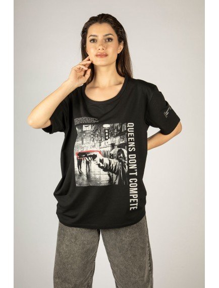 Woxxo Queens d'ont compete Unisex Oversize T-Shirt -Siyah Lycralı Modal/Pamuk Woxxo Queens d'ont compete Unisex Oversize T-Shirt -Siyah Lycralı Modal/Pamuk
