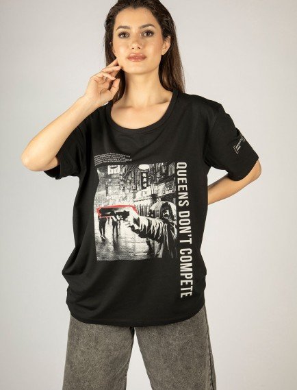 Woxxo Queens d'ont compete Unisex Oversize T-Shirt -Siyah Lycralı Modal/Pamuk