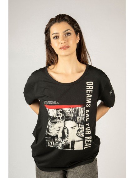 Woxxo Dreams are for real Baskılı Unisex Oversize T-Shirt -Siyah Lycralı Modal/Pamuk