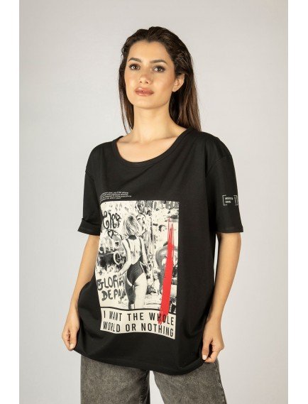 Woxxo I want the whole world on nothing Baskılı Unisex Oversize T-Shirt -Siyah Lycralı Modal/Pamuk Woxxo I want the whole world on nothing Baskılı Unisex Oversize T-Shirt -Siyah Lycralı Modal/Pamuk