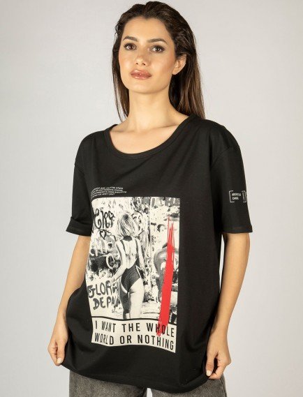 Woxxo I want the whole world on nothing Baskılı Unisex Oversize T-Shirt -Siyah Lycralı Modal/Pamuk