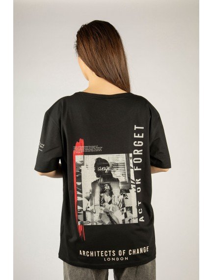 Woxxo Act or Forget Baskılı Unisex Oversize T-Shirt -Siyah Lycralı Modal/Pamuk