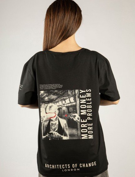 Woxxo More money more problems Baskılı Unisex Oversize T-Shirt -Siyah Lycralı Modal/Pamuk