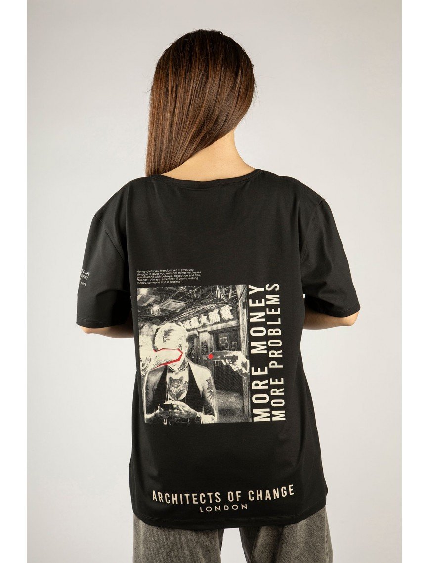 Woxxo More money more problems Baskılı Unisex Oversize T-Shirt -Siyah Lycralı Modal/Pamuk Woxxo More money more problems Baskılı Unisex Oversize T-Shirt -Siyah Lycralı Modal/Pamuk