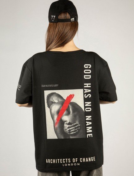 Woxxo God has no name Baskılı Unisex Oversize T-Shirt -Siyah Lycralı Modal/Pamuk