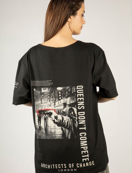 Woxxo Queens d'ont compete Unisex Oversize T-Shirt -Siyah Lycralı Modal/Pamuk