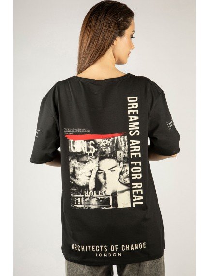 Woxxo Dreams are for real Baskılı Unisex Oversize T-Shirt -Siyah Lycralı Modal/Pamuk
