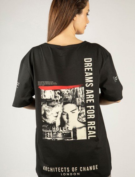 Woxxo Dreams are for real Baskılı Unisex Oversize T-Shirt -Siyah Lycralı Modal/Pamuk Woxxo Dreams are for real Baskılı Unisex Oversize T-Shirt -Siyah Lycralı Modal/Pamuk