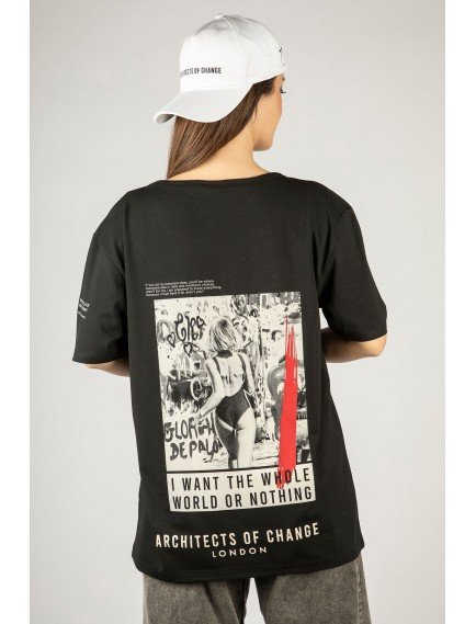 Woxxo I want the whole world on nothing Baskılı Unisex Oversize T-Shirt -Siyah Lycralı Modal/Pamuk Woxxo I want the whole world on nothing Baskılı Unisex Oversize T-Shirt -Siyah Lycralı Modal/Pamuk