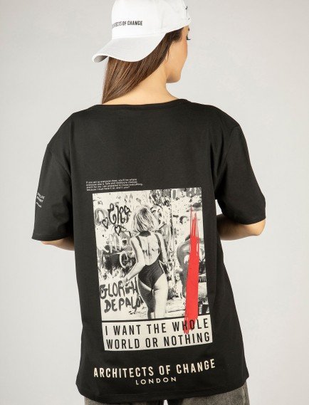 Woxxo I want the whole world on nothing Baskılı Unisex Oversize T-Shirt -Siyah Lycralı Modal/Pamuk