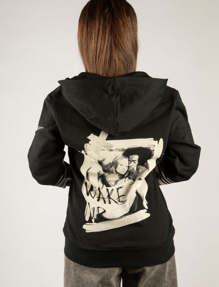 Woxxo Wake Up Fermuarlı Kapüşonlu Unisex Sweatshirt - Siyah Street Baskılı