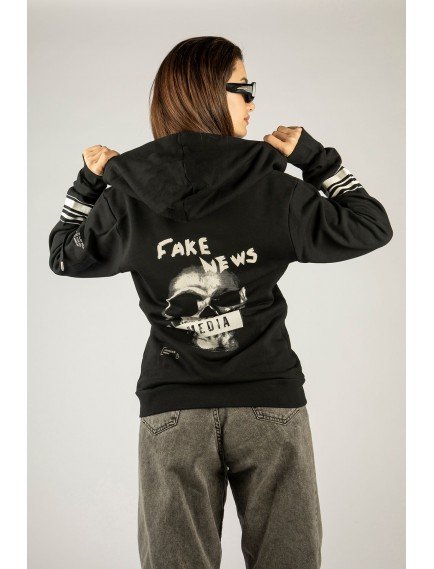 Woxxo Fake News Fermuarlı Kapüşonlu Unisex Sweatshirt - Siyah Street Baskılı