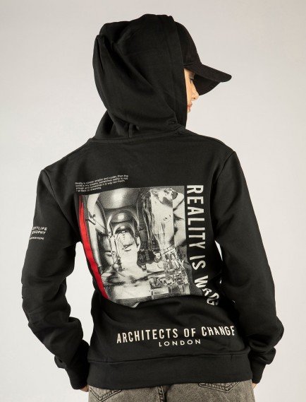 Woxxo Reality Fermuarlı Kapüşonlu Unisex Sweatshirt - Siyah Street Baskılı