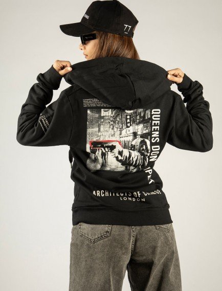Woxxo Queens Don’t Compete Fermuarlı Kapüşonlu Unisex Sweatshirt - Siyah Street Baskılı