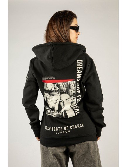 Woxxo Dreams Are For RealFermuarlı Kapüşonlu Unisex Sweatshirt - Siyah Street Baskılı