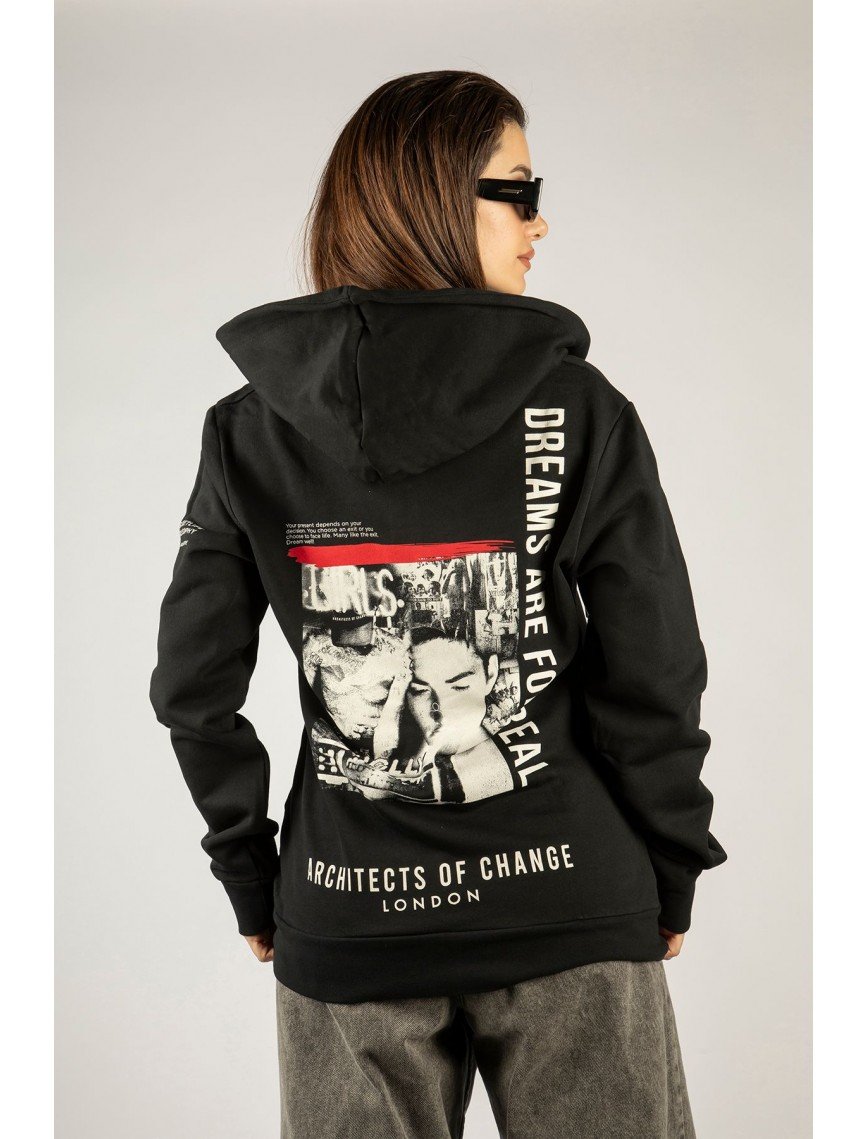 Woxxo Dreams Are For RealFermuarlı Kapüşonlu Unisex Sweatshirt - Siyah Street Baskılı Woxxo Dreams Are For RealFermuarlı Kapüşonlu Unisex Sweatshirt - Siyah Street Baskılı