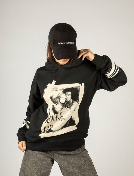 Woxxo Wake Up Baskılı Kapüşonlu Unisex Sweatshirt - Siyah %100 Organik Pamuk