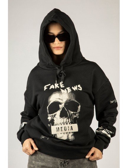 Woxxo Fake News Baskılı Kapüşonlu Unisex Sweatshirt - Siyah %100 Organik Pamuk