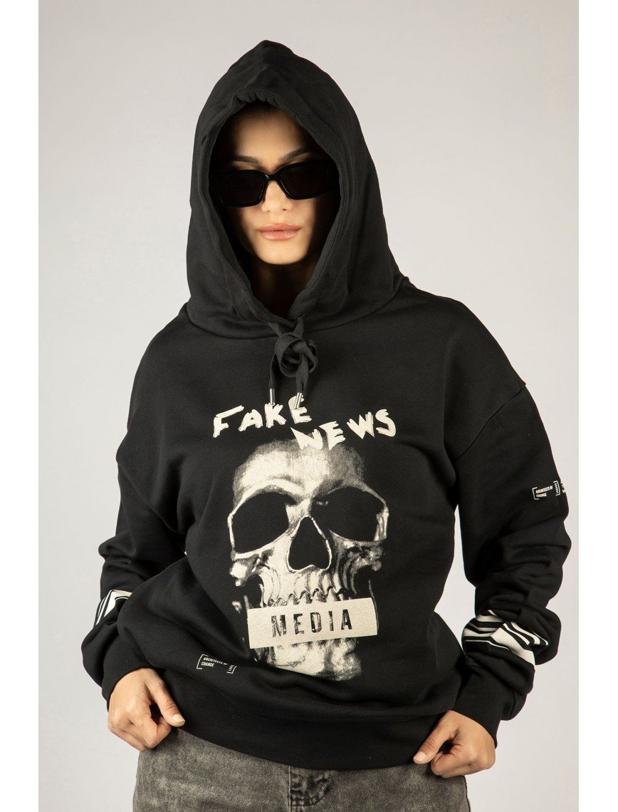 Woxxo Fake News Baskılı Kapüşonlu Unisex Sweatshirt - Siyah %100 Organik Pamuk Woxxo Fake News Baskılı Kapüşonlu Unisex Sweatshirt - Siyah %100 Organik Pamuk