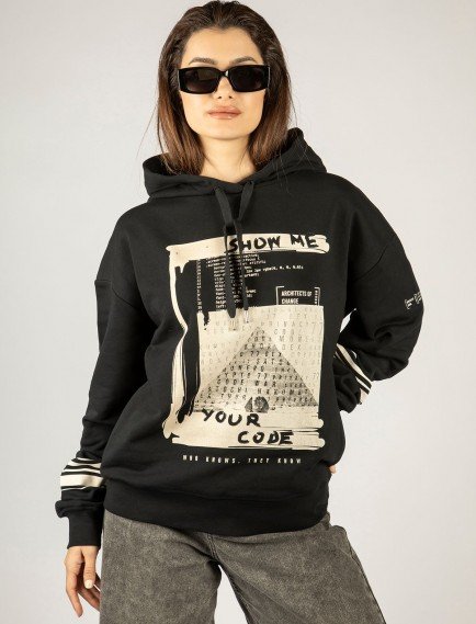 Woxxo Show Me Your Code Baskılı Kapüşonlu Unisex Sweatshirt - Siyah %100 Organik Pamuk