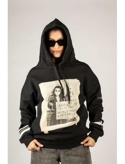 Woxxo Glow From The World Baskılı Kapüşonlu Unisex Sweatshirt - Siyah %100 Organik Pamuk