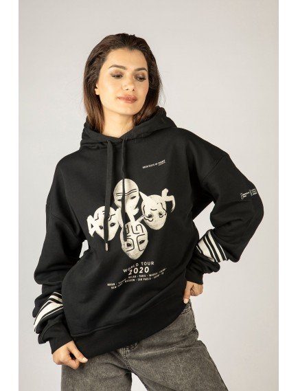 Woxxo Aliens Baskılı Kapüşonlu Unisex Sweatshirt - Siyah %100 Organik Pamuk