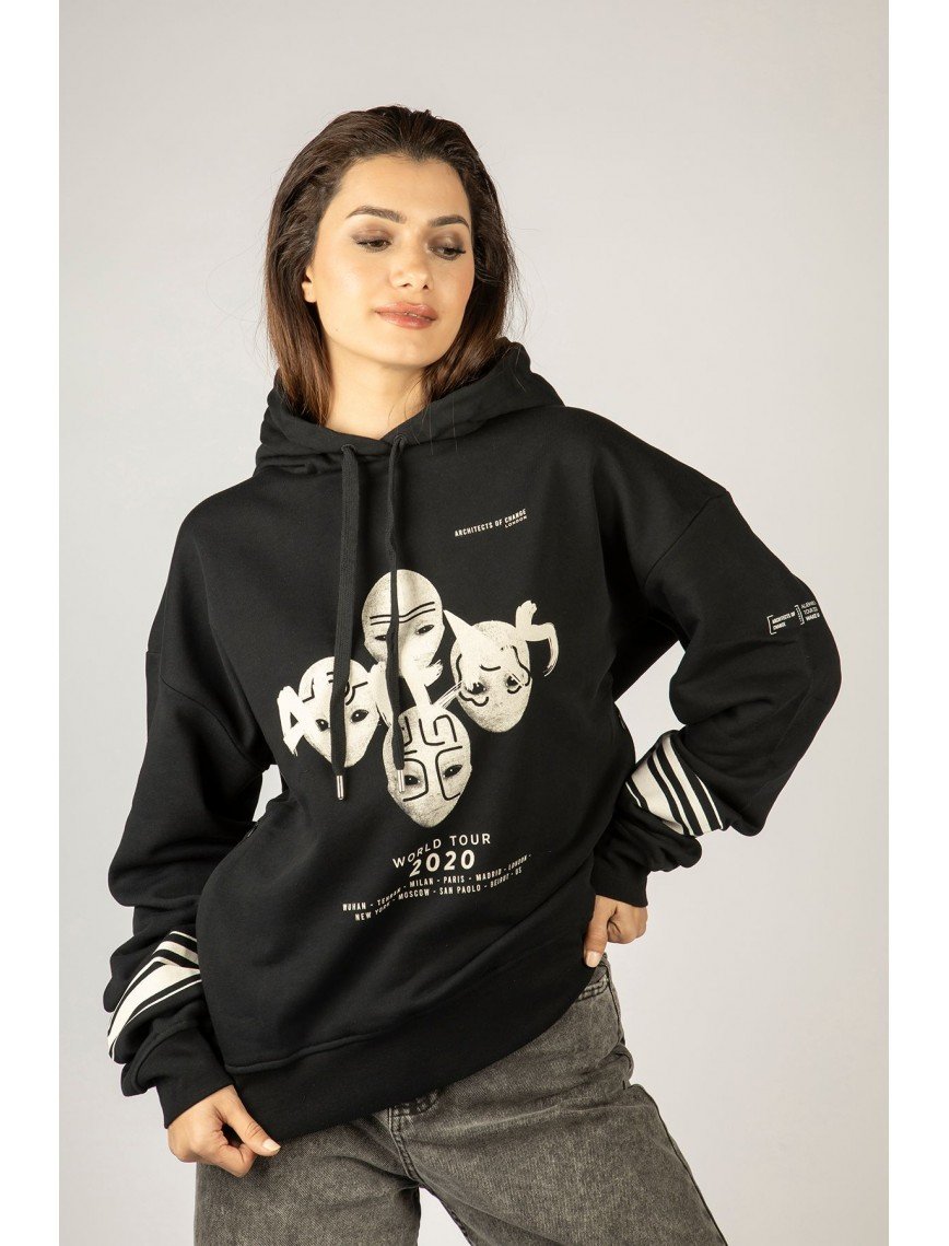 Woxxo Aliens Baskılı Kapüşonlu Unisex Sweatshirt - Siyah %100 Organik Pamuk Woxxo Aliens Baskılı Kapüşonlu Unisex Sweatshirt - Siyah %100 Organik Pamuk