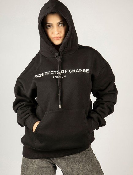 Woxxo Architects of Change Siyah Kapüşonlu Unisex Sweatshirt – 77 London Detaylı Woxxo Architects of Change Siyah Kapüşonlu Unisex Sweatshirt – 77 London Detaylı