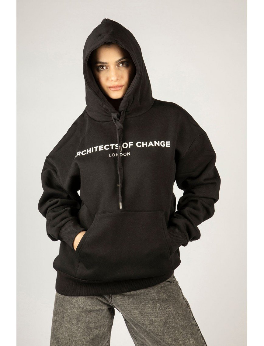 Woxxo Architects of Change Siyah Kapüşonlu Unisex Sweatshirt – 77 London Detaylı Woxxo Architects of Change Siyah Kapüşonlu Unisex Sweatshirt – 77 London Detaylı