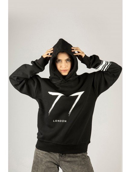 Woxxo 77 London Siyah Kapüşonlu Unisex Sweatshirt - Premium Pamuklu Kumaş
