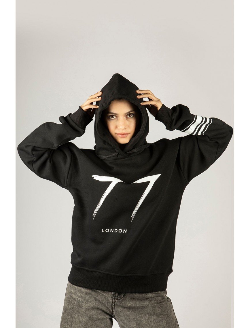 Woxxo 77 London Siyah Kapüşonlu Unisex Sweatshirt - Premium Pamuklu Kumaş Woxxo 77 London Siyah Kapüşonlu Unisex Sweatshirt - Premium Pamuklu Kumaş