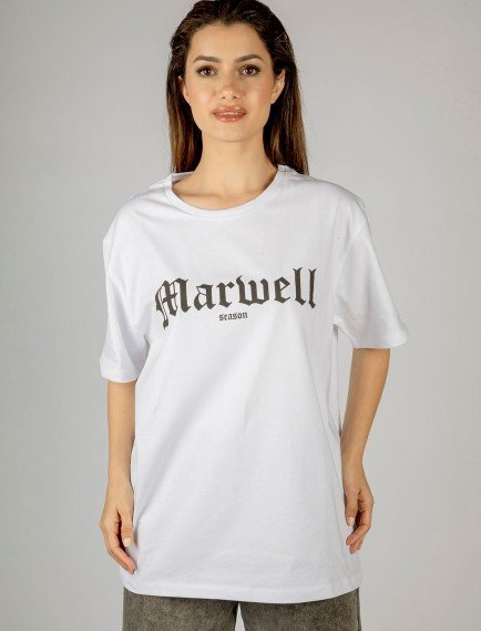 Woxxo Marwell Baskılı Beyaz Oversize Unisex Tişört - %100 Pamuk Rahat Kalıp