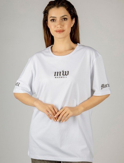 Woxxo Marwell Baskılı Beyaz Oversize Unisex Tişört - %100 Pamuk Rahat Kalıp